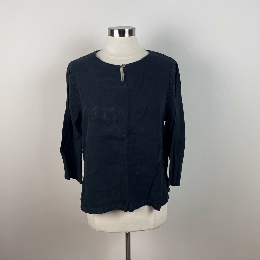 Hot Cotton Solid Black Linen Long Sleeve Blouse Top Women Medium Made In USA